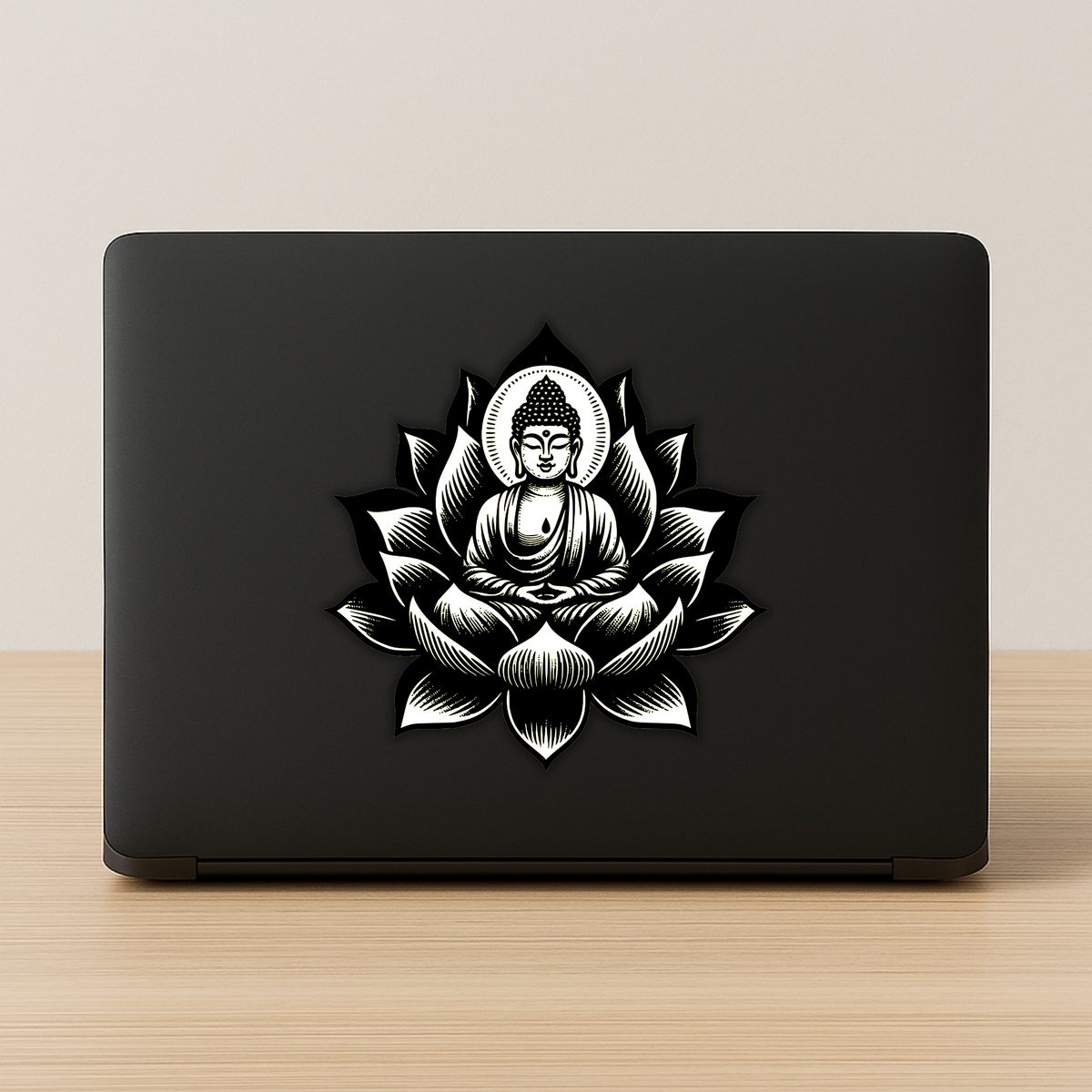 Buddha On Lotus Waterproof Sticker Black White Spiritual Calm Art premium vinyl sticker product image 2