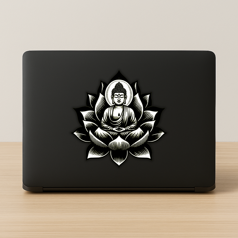 Buddha On Lotus Waterproof Sticker Black White Spiritual Calm Art premium vinyl sticker product image 2