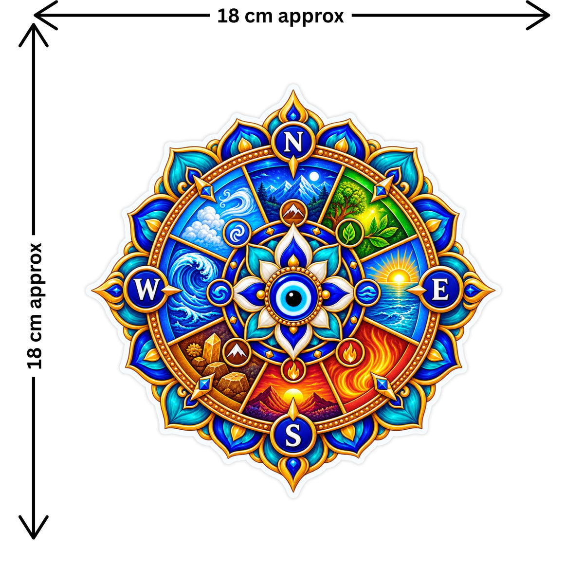 Five Element Vastu Direction Wheel Sticker Size Guide Showing Approximate 18 × 18 cm Size by STIXY