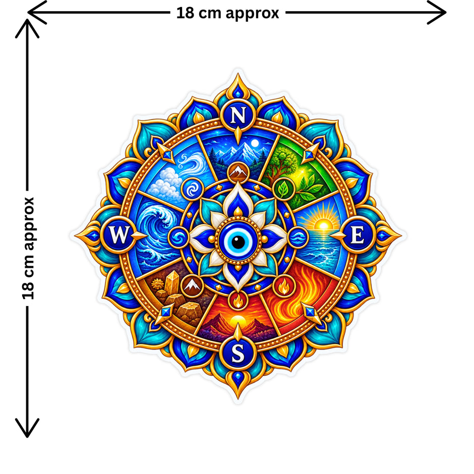 Five Element Vastu Direction Wheel Sticker Size Guide Showing Approximate 18 × 18 cm Size by STIXY