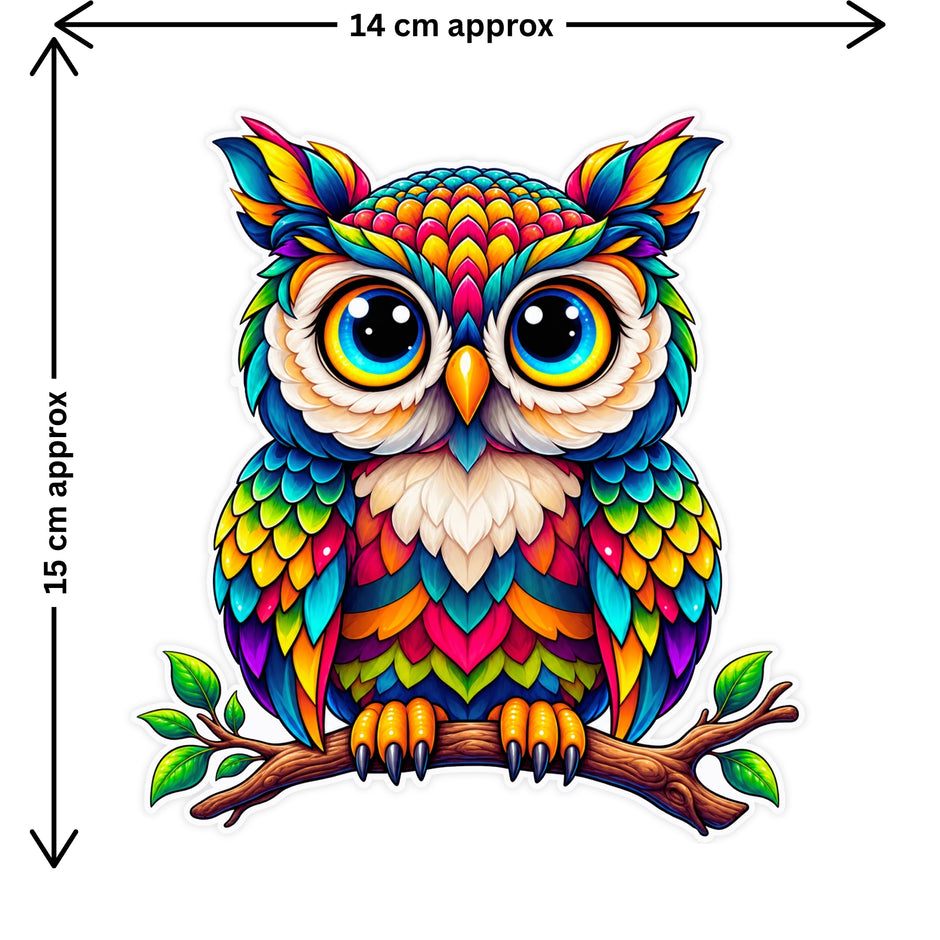 Colorful Owl Sticker Size Guide Showing Approximate 14 × 15 cm by STIXY