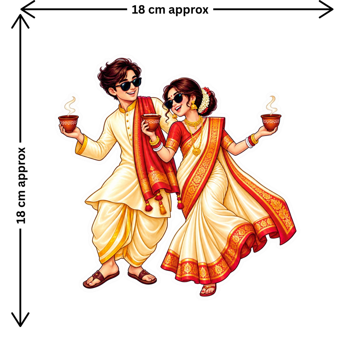 Bengali Couple Dhunuchi Dance Sticker Size Guide Showing Approximate 18 × 18 cm Size by STIXY
