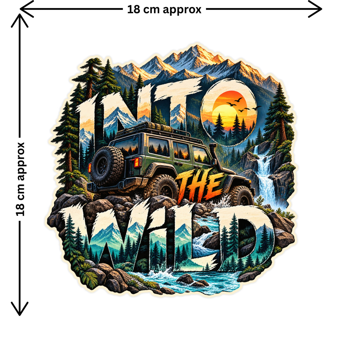Into The Wild Mountain Off Road Adventure Sticker Size Guide 18 × 18 cm by STIXY
