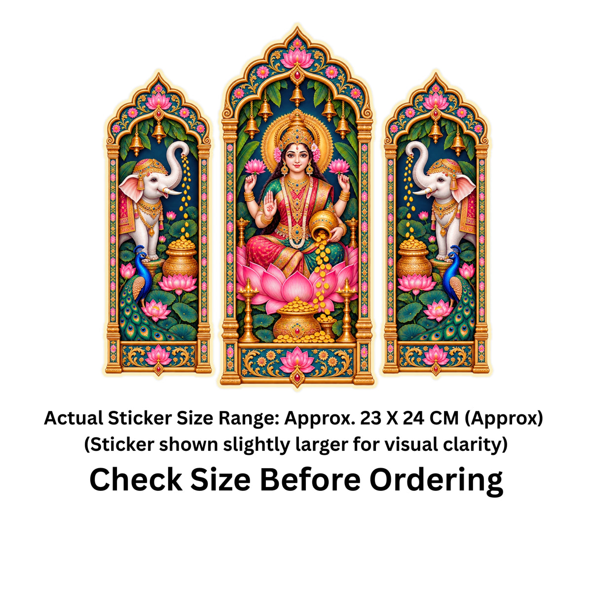 Goddess Lakshmi and Elephant Jharokha Sticker Set of 3 Size Guide Showing Approximate 23 × 12 cm Each by STIXY