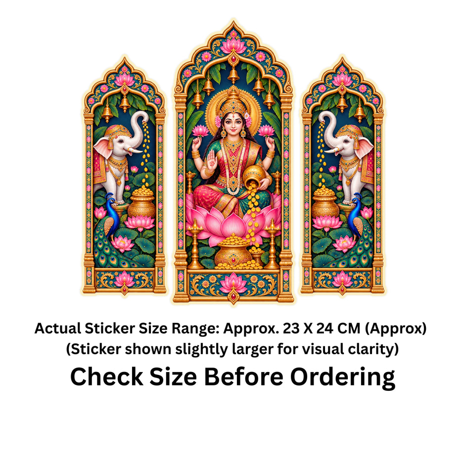 Goddess Lakshmi and Elephant Jharokha Sticker Set of 3 Size Guide Showing Approximate 23 × 12 cm Each by STIXY