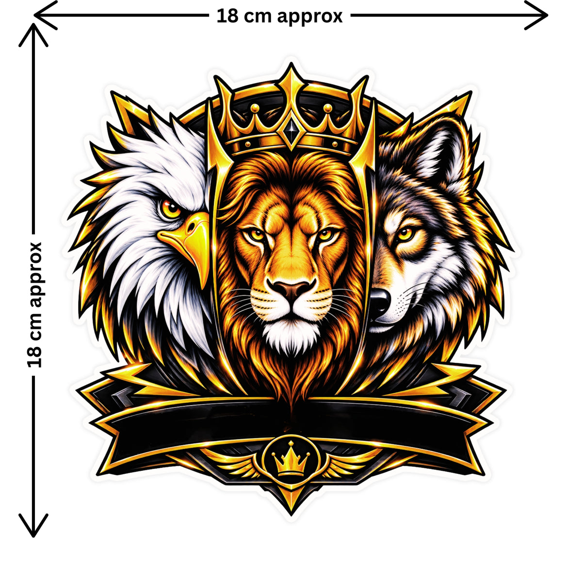 Royal Lion Eagle and Wolf Sticker Size Guide Showing Approximate 18 × 18 cm Size by STIXY