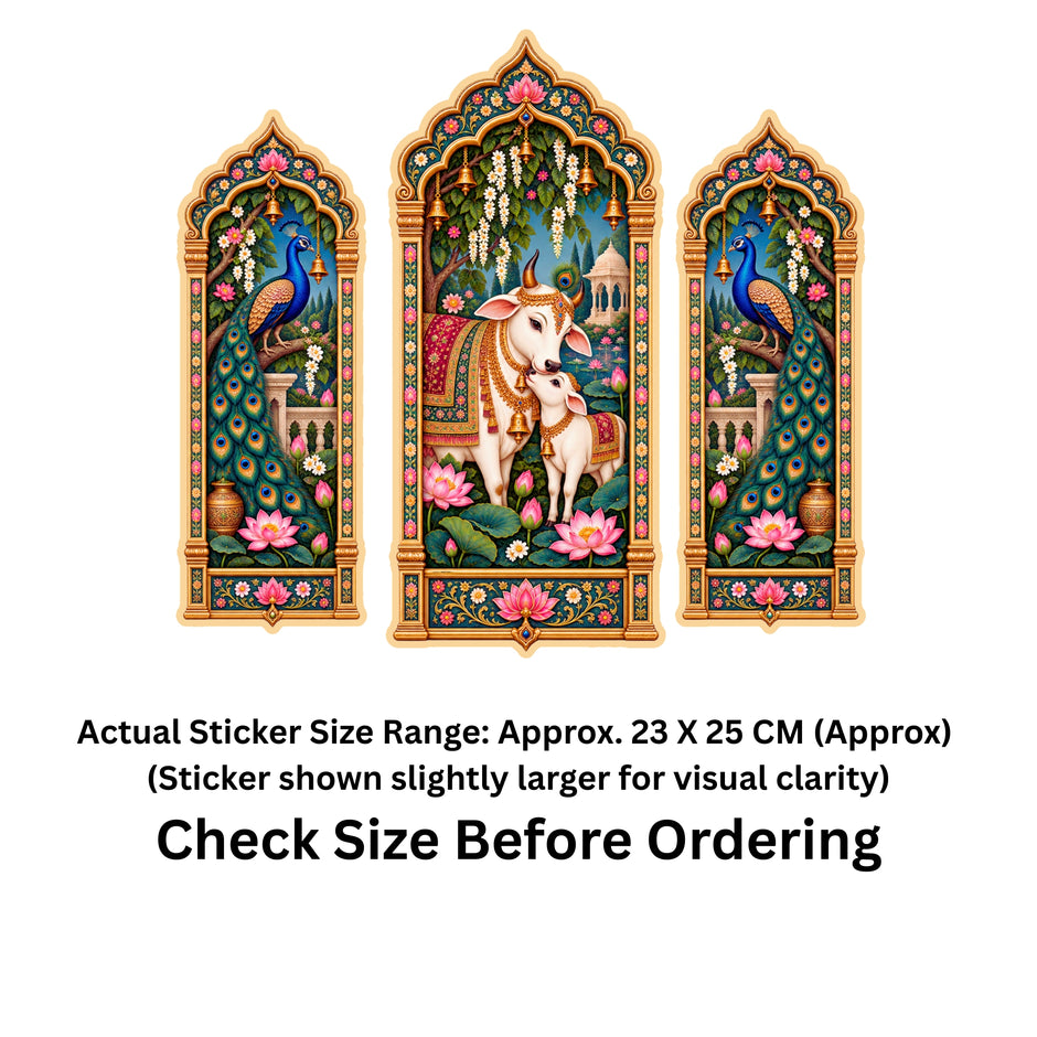 Cow and Peacock Jharokha Sticker Set of 3 Size Guide Showing Approximate 23 × 25 cm Complete Arrangement by STIXY