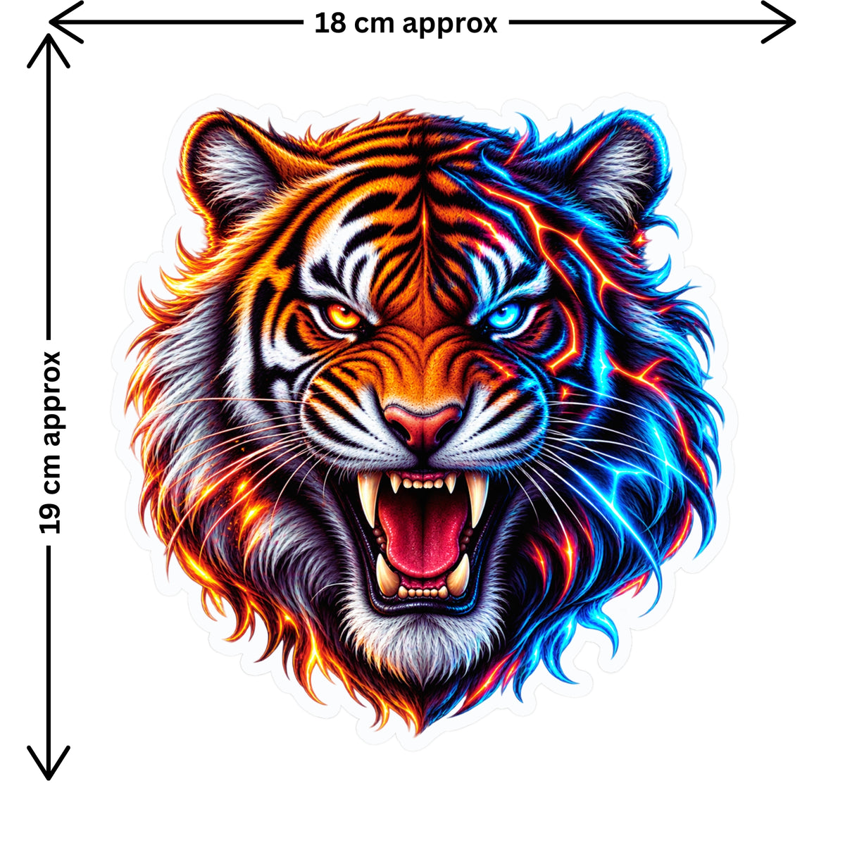 Fire and Ice Tiger Sticker Size Guide Showing Approximate 19 × 18 cm Size by STIXY