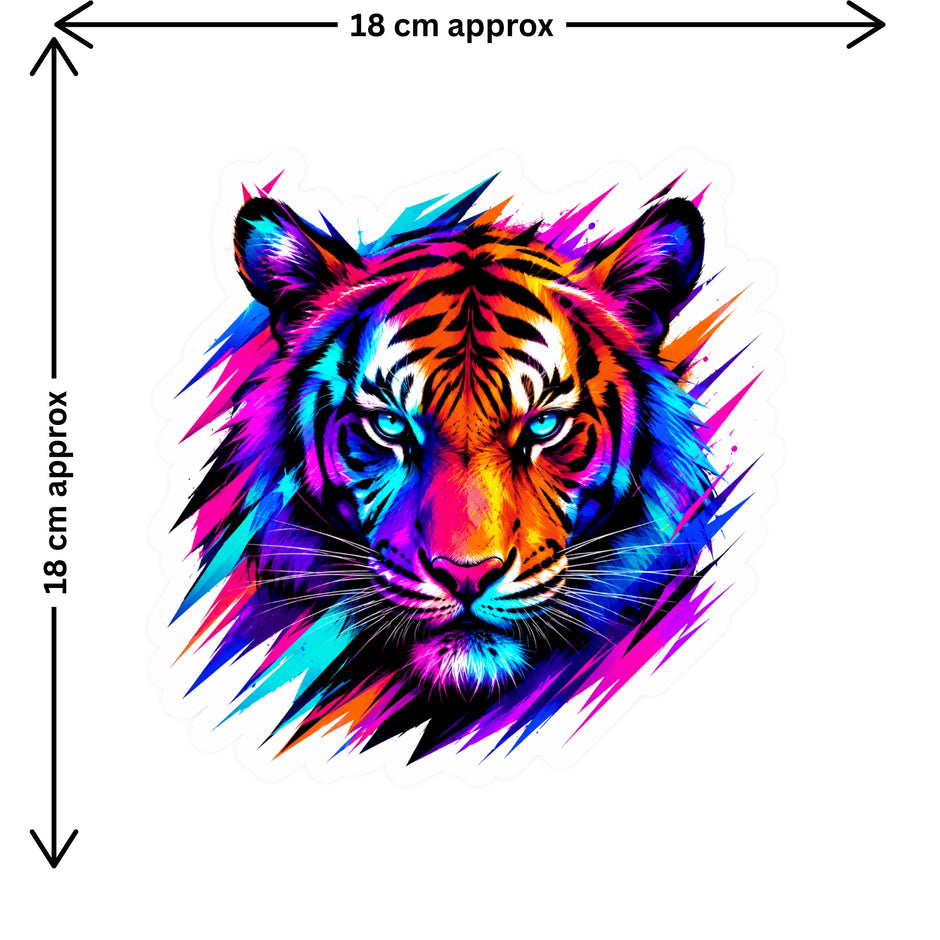 Colorful Neon Tiger Sticker Size Guide Showing Approximate 18 × 18 cm Size by STIXY
