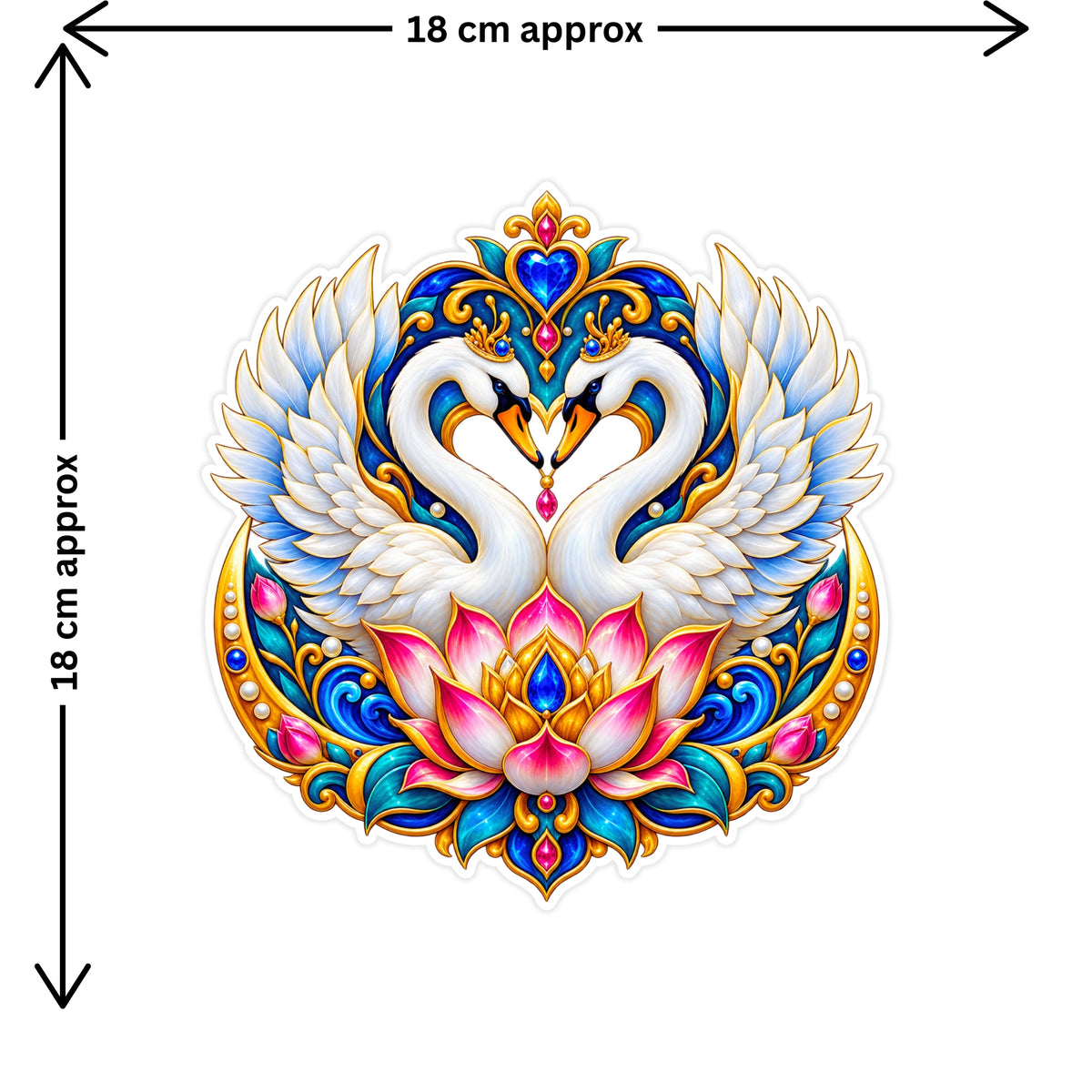 Swan Couple Lotus Vastu Sticker Size Guide Showing Approximate 18 × 18 cm Size by STIXY