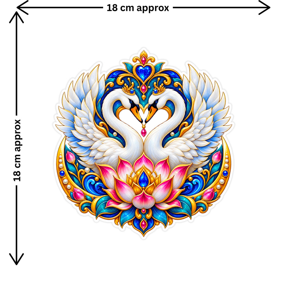 Swan Couple Lotus Vastu Sticker Size Guide Showing Approximate 18 × 18 cm Size by STIXY