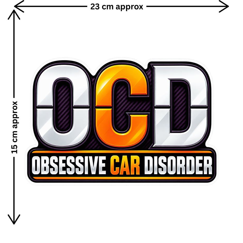 OCD Obsessive Car Disorder Sticker Size Guide Showing Approximate 23 × 15 cm Size by STIXY