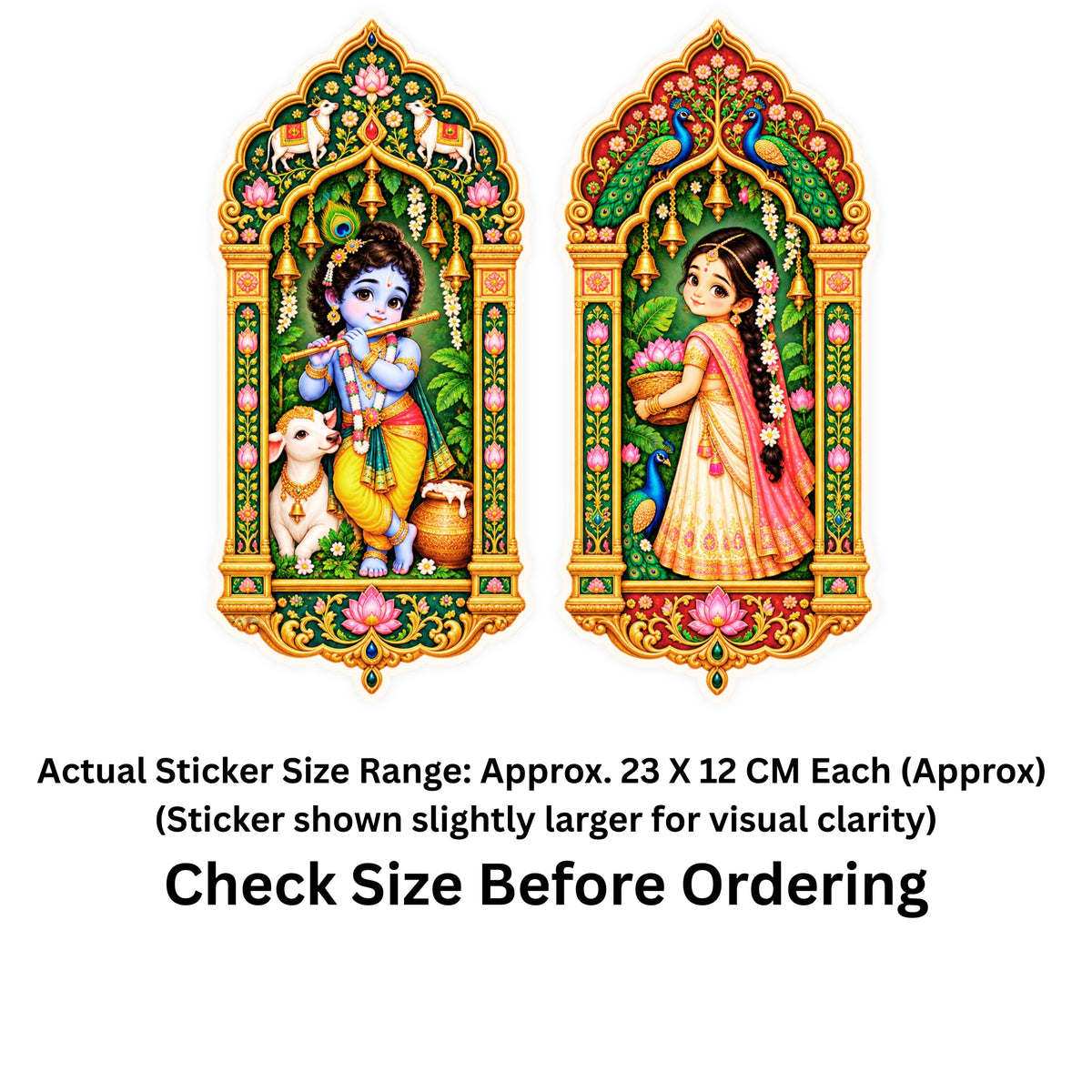 Krishna and Radha Jharokha Sticker Set of 2 Size Guide Showing Approximate 23 × 12 cm Each by STIXY