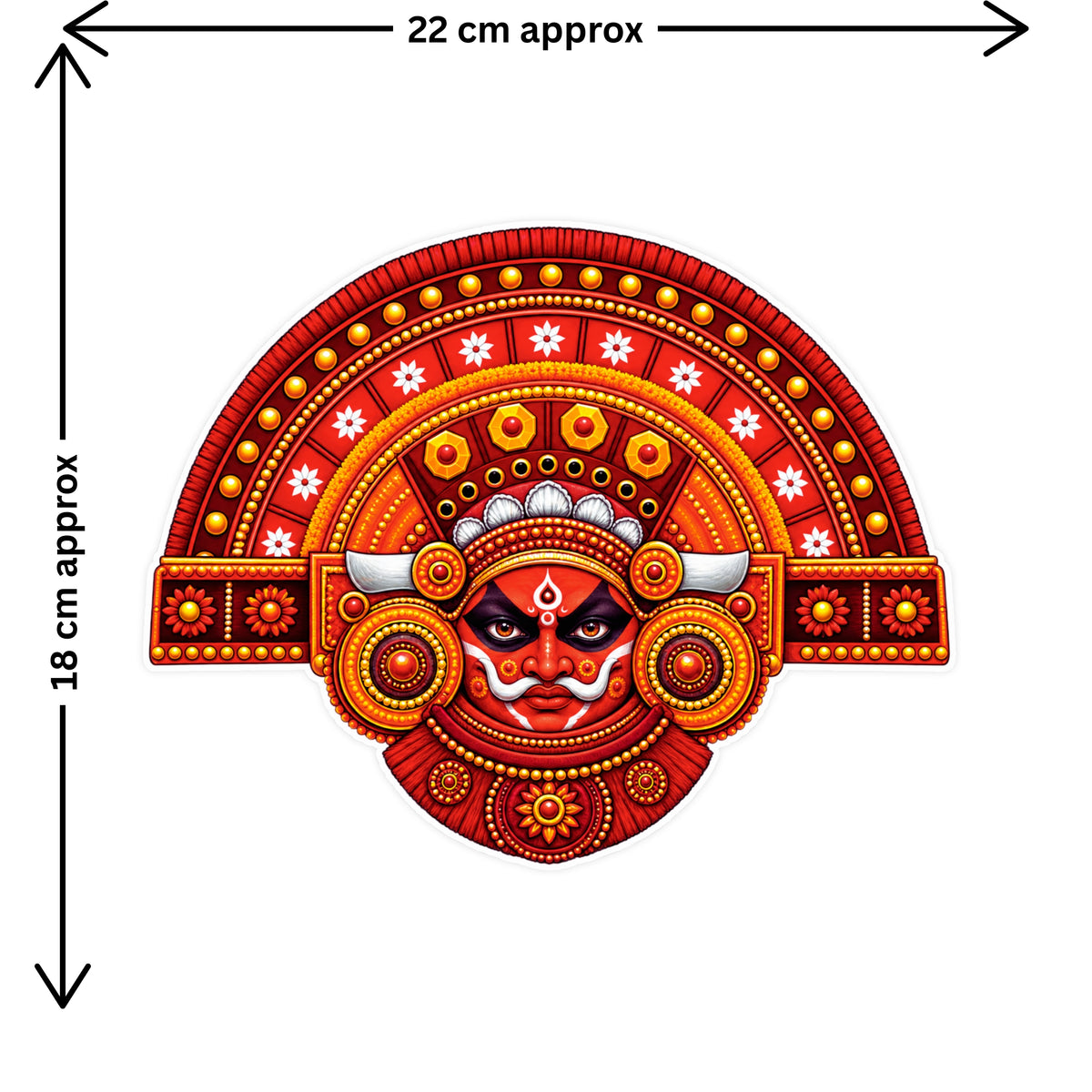 Traditional Theyyam Face Sticker Size Guide Showing Approximate 22 × 18 cm by STIXY