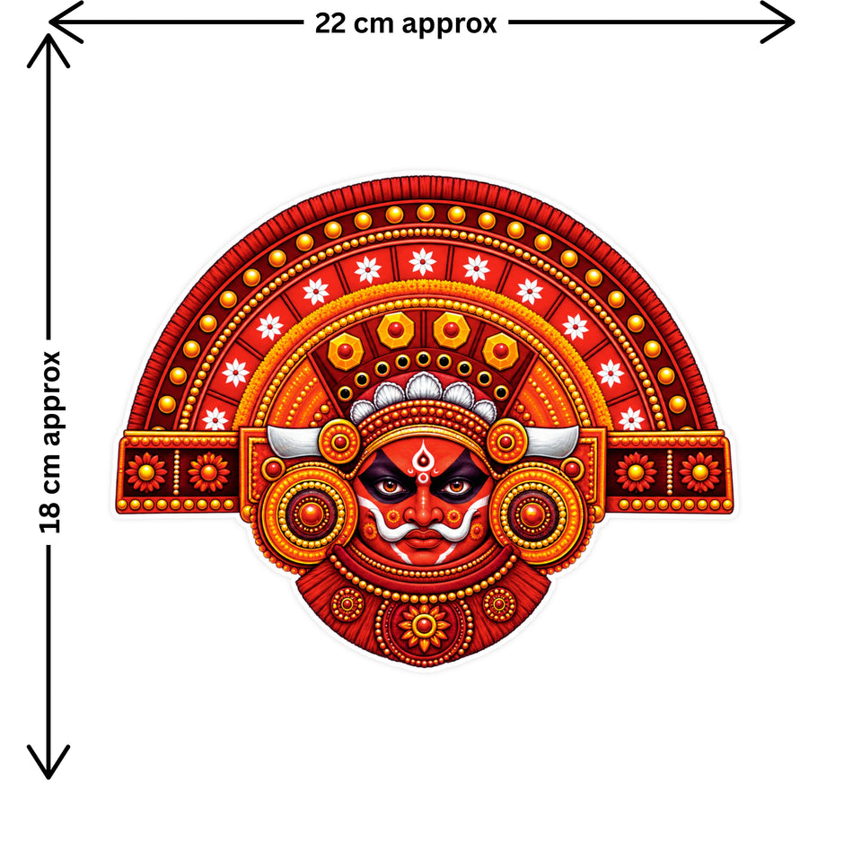 Traditional Theyyam Face Sticker Size Guide Showing Approximate 22 × 18 cm by STIXY