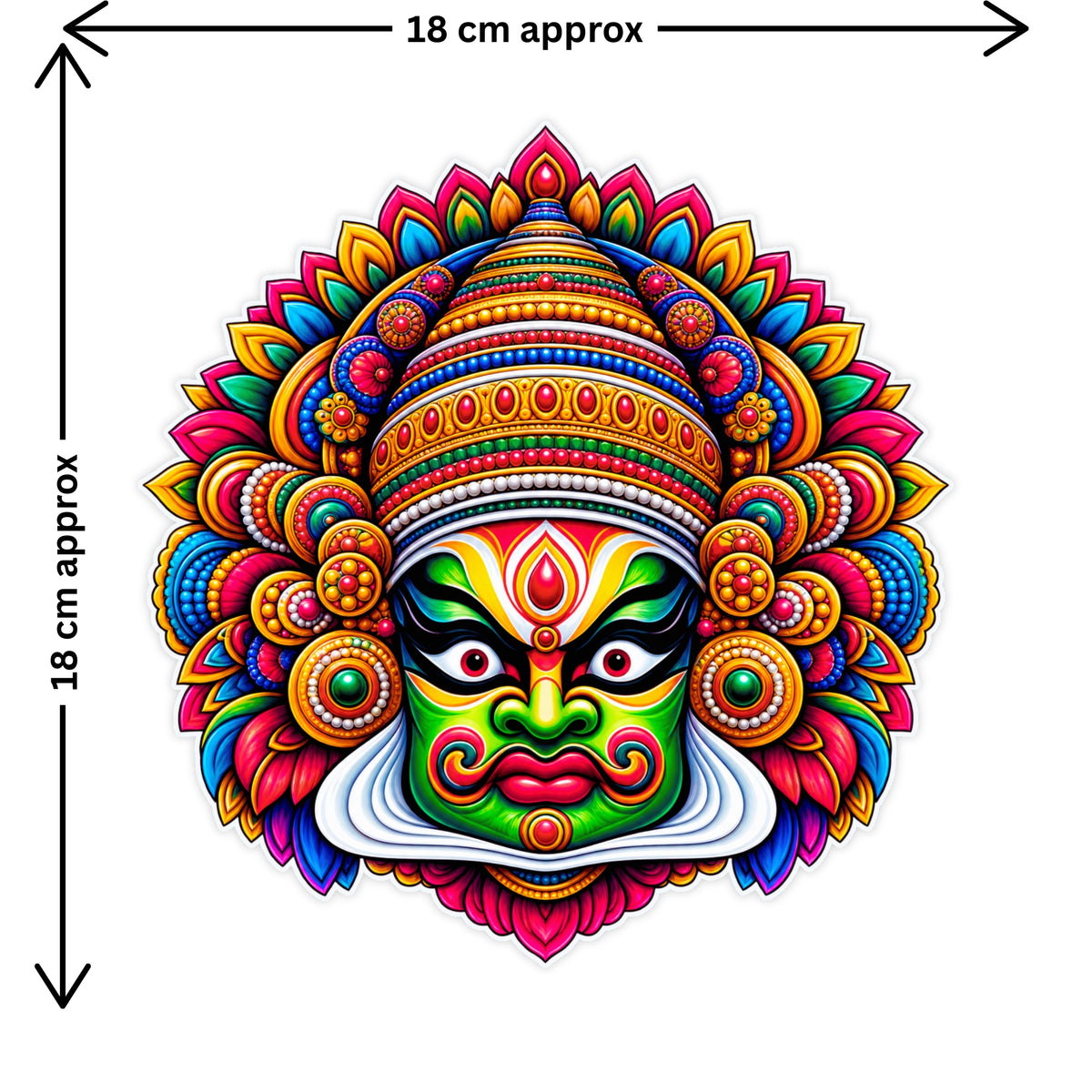 Kathakali Face Sticker Size Guide Showing Approximate 18 × 18 cm by STIXY