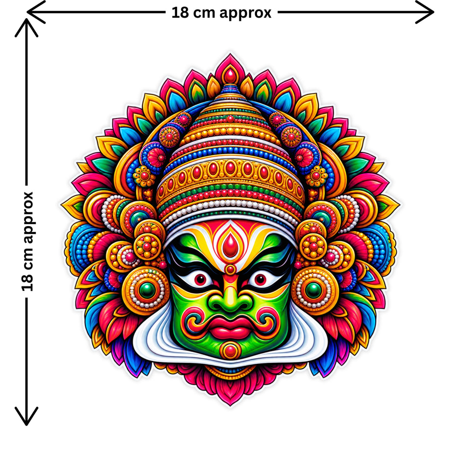 Kathakali Face Sticker Size Guide Showing Approximate 18 × 18 cm by STIXY