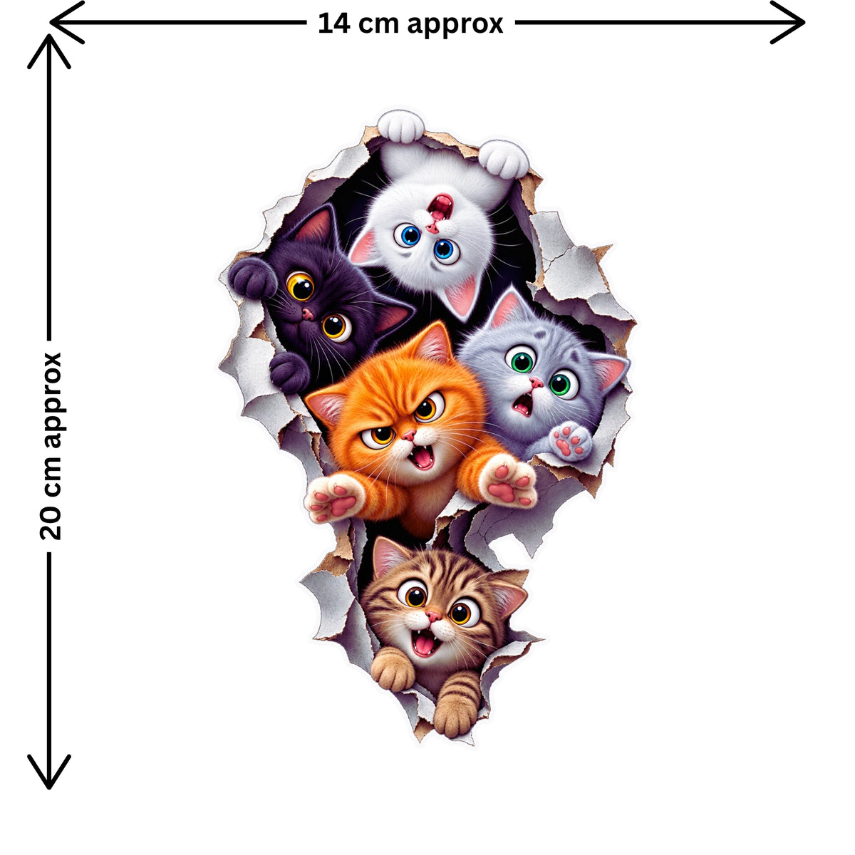 Five Cats Breaking Through Wall Sticker Size Guide Showing Approximate 14 × 20 cm by STIXY