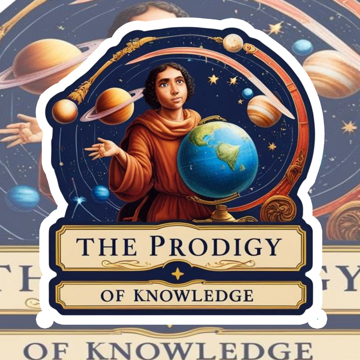 The Prodigy of Knowledge – Renaissance Style Cosmic Thinker Sticker premium product image 1