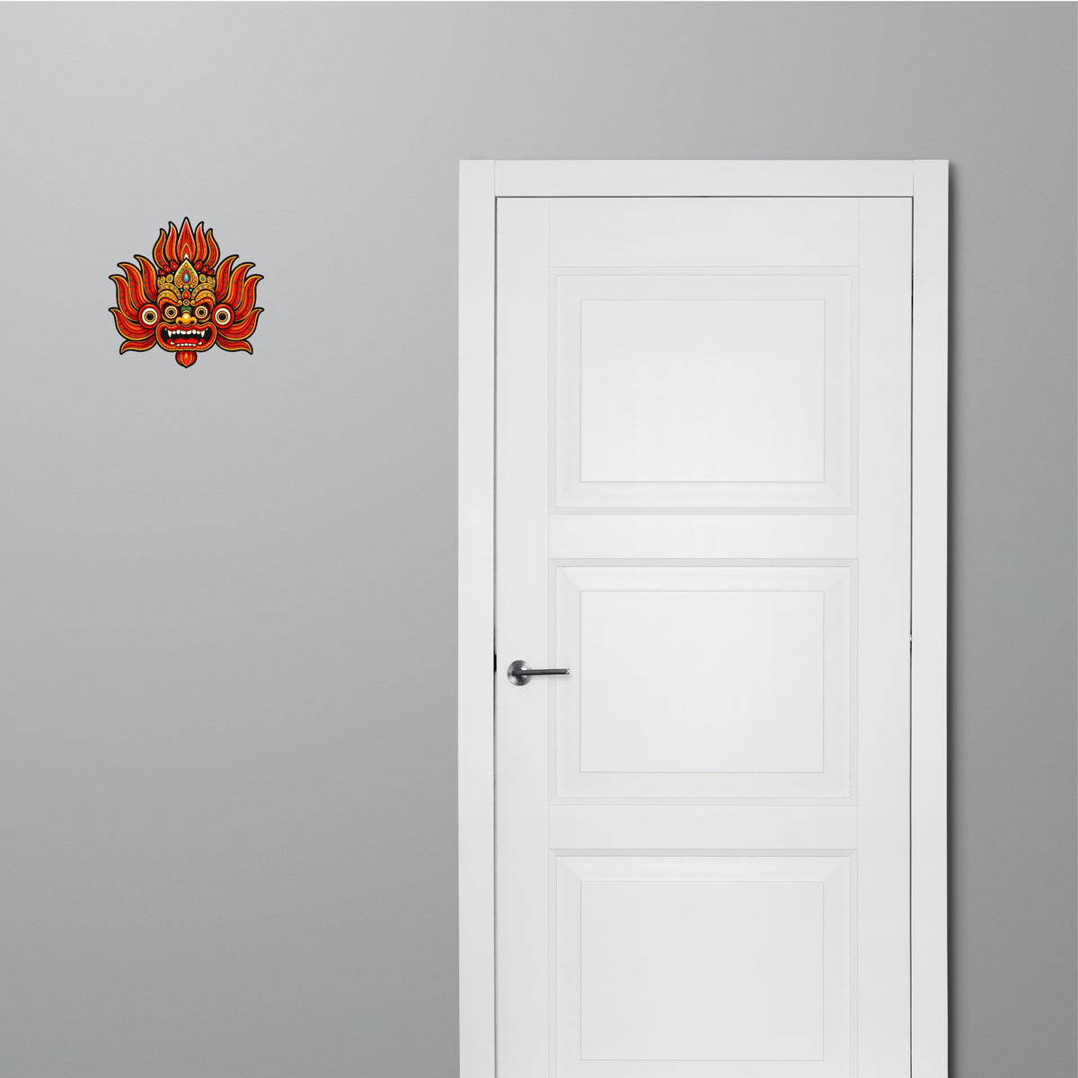 Fire Demon Face Traditional Art Waterproof Vinyl Sticker Applied Near Door by STIXY