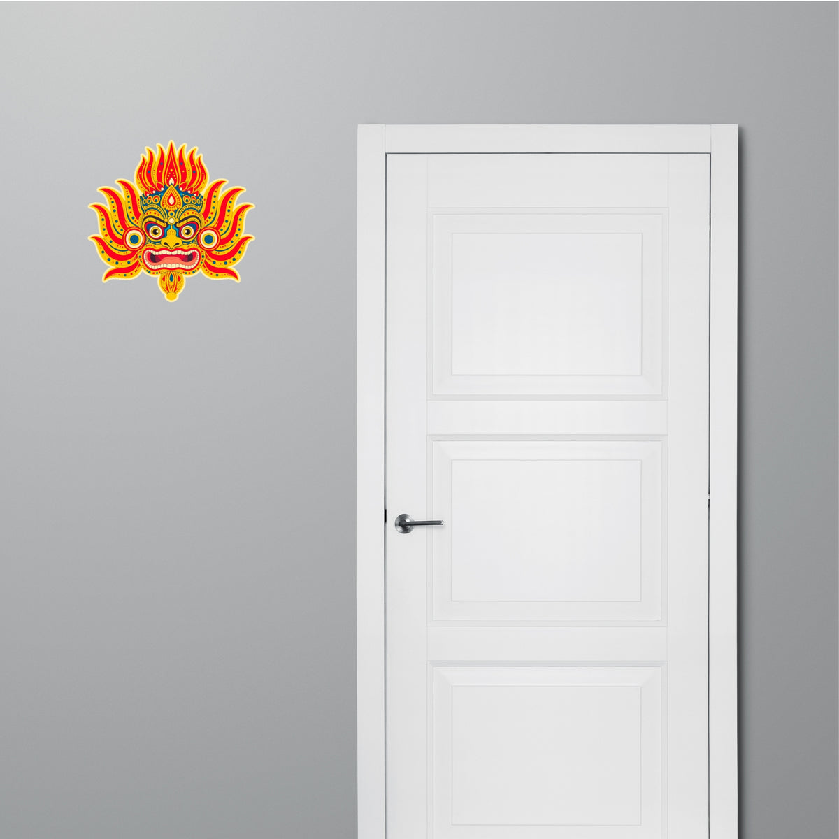 Rakshasa Folk Art Protection Mask Sticker Applied Near Home Entrance Door by STIXY