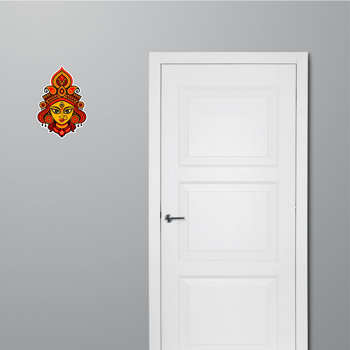 Maa Durga Face Sacred Hindu Goddess Sticker Applied Near Entrance Door by STIXY