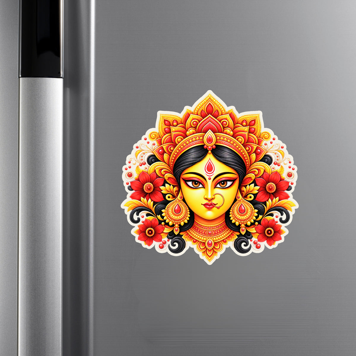 Maa Durga Divine Face Sticker Displayed on Refrigerator for Spiritual Home Decoration by STIXY