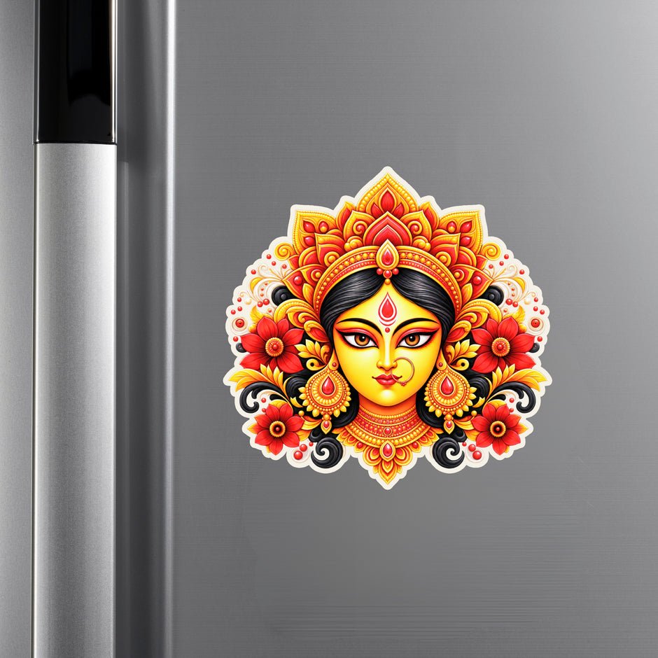 Maa Durga Divine Face Sticker Displayed on Refrigerator for Spiritual Home Decoration by STIXY