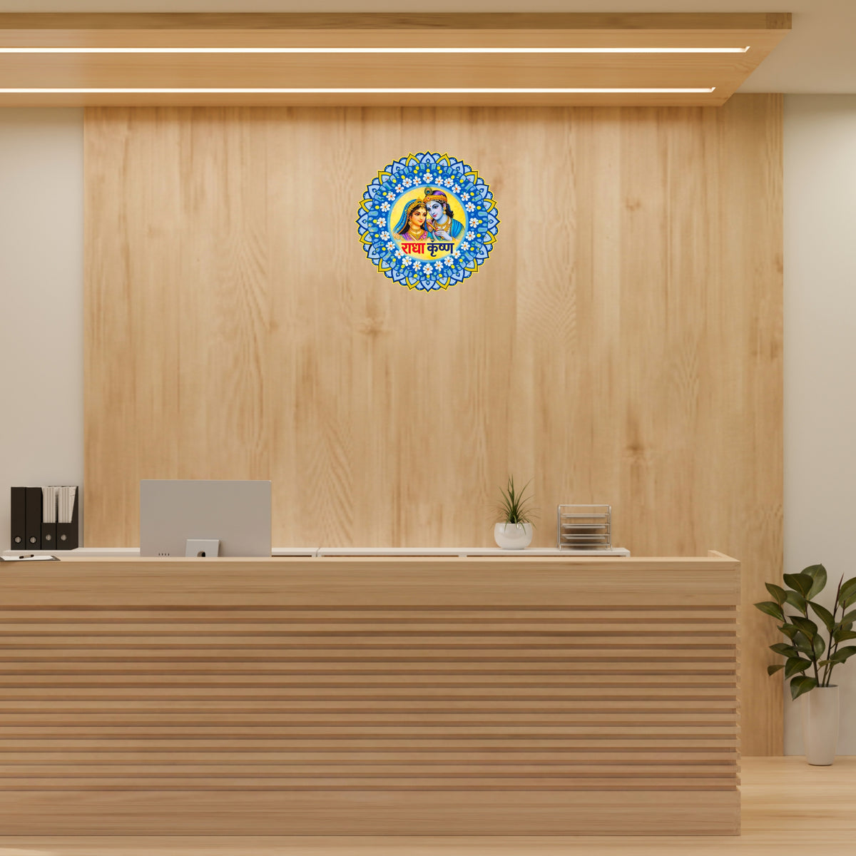 Radha Krishna Blue Floral Mandala Sticker Applied on Reception Wall by STIXY