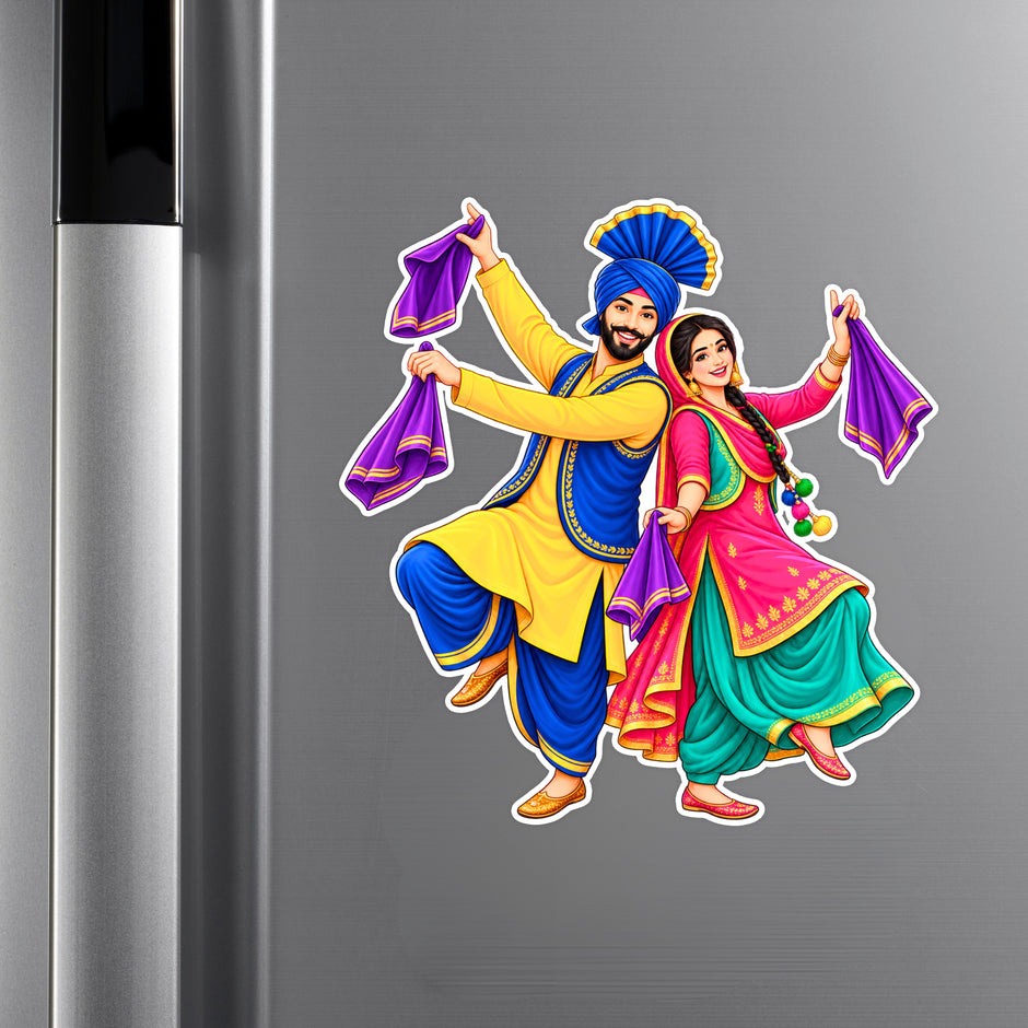 Punjabi Bhangra Gidda Dance Couple Sticker Displayed on Silver Refrigerator by STIXY