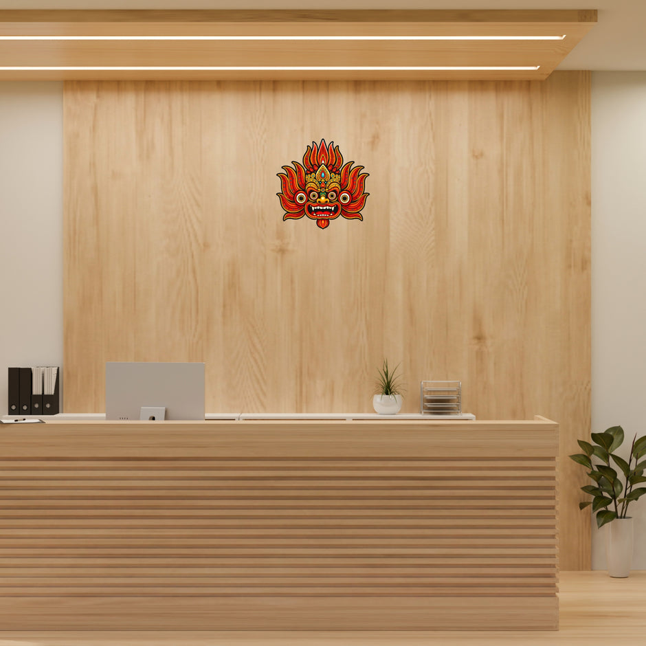 Colorful Fire Demon Face Waterproof Matte Vinyl Sticker Applied on Reception Wall by STIXY