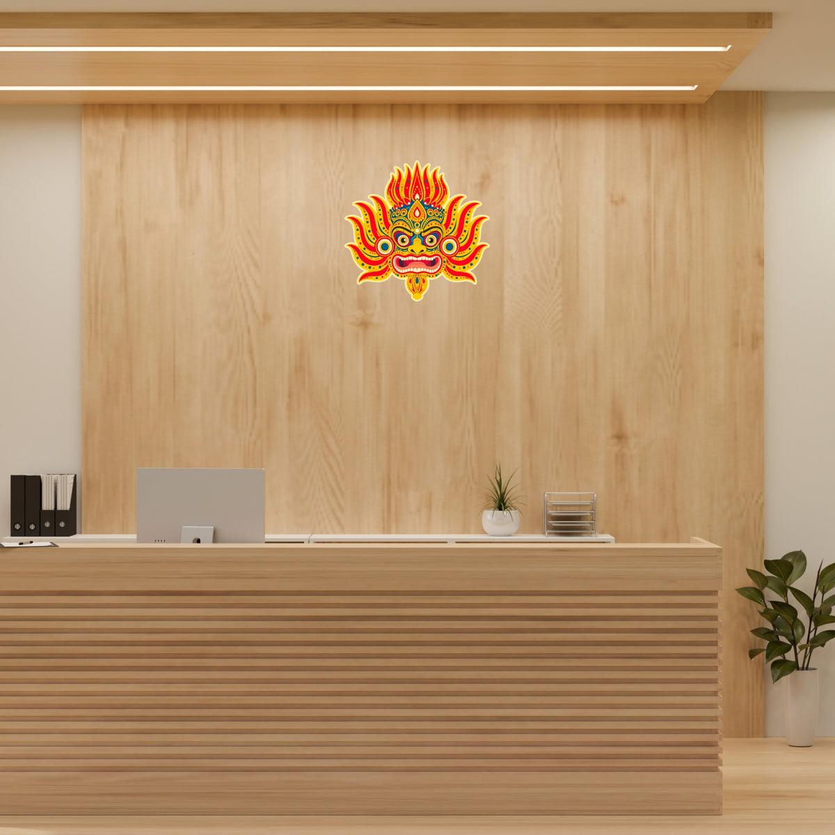 Colorful Rakshasa Protection Mask Waterproof Matte Sticker Applied on Reception Wall by STIXY