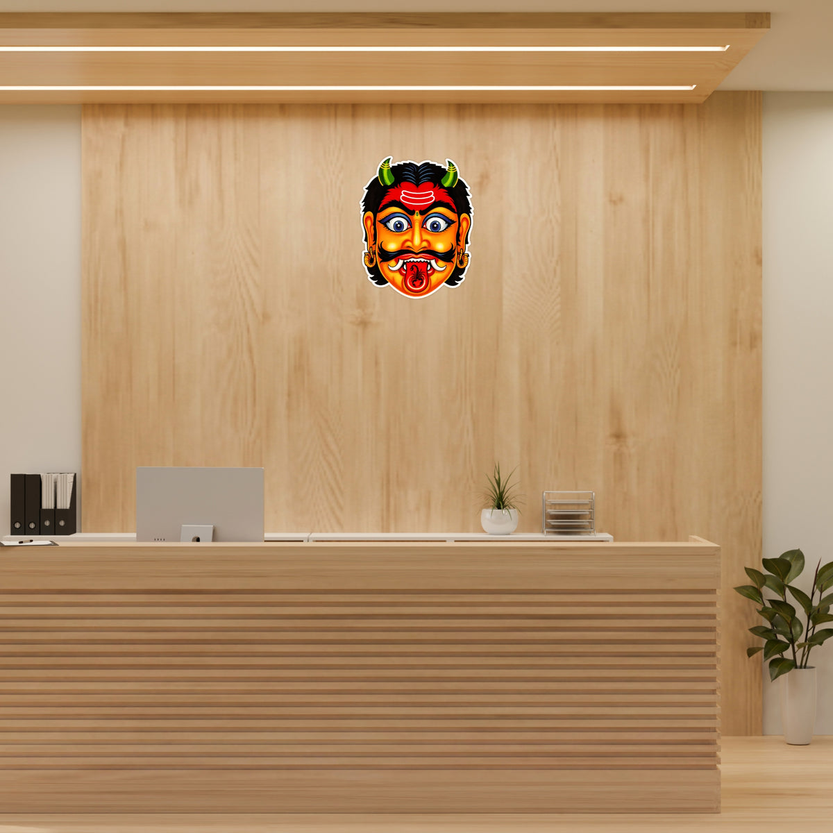 Orange Nazar Battu Evil Eye Protection Sticker Applied on Reception Wall by STIXY
