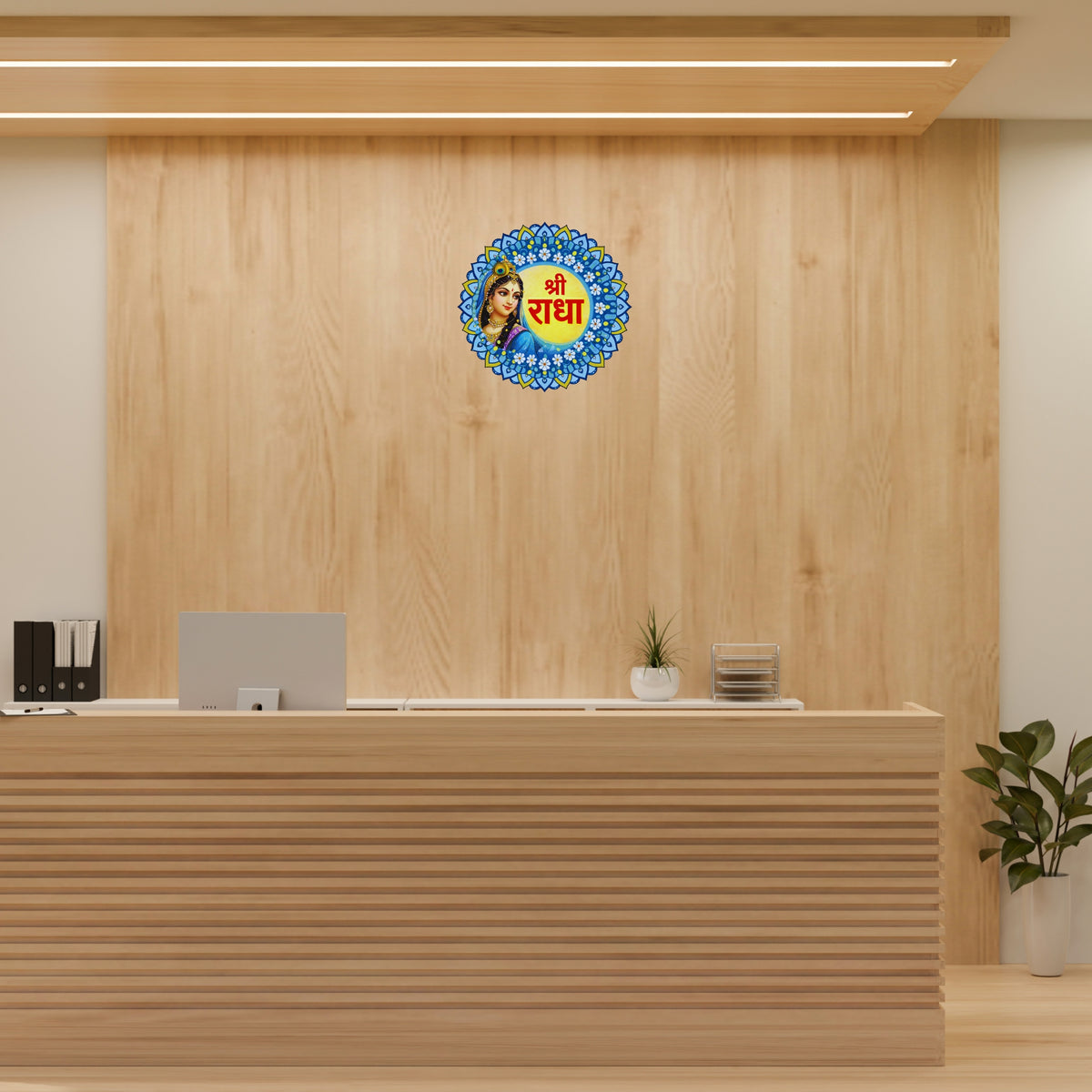 Shri Radha Blue Floral Mandala Sticker Applied on Reception Wall by STIXY