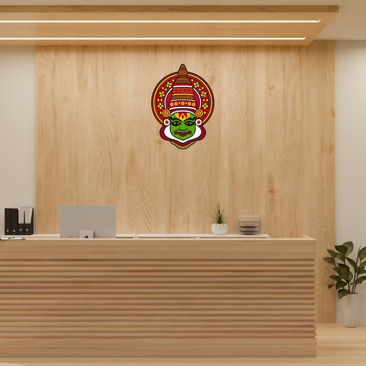 Colorful Kathakali Face Waterproof Matte Vinyl Sticker Applied on Reception Wall by STIXY
