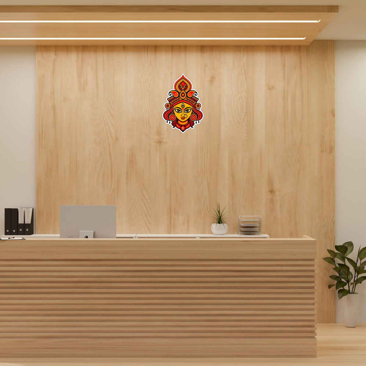 Maa Durga Face Waterproof Matte Vinyl Sticker Applied on Reception Wall by STIXY