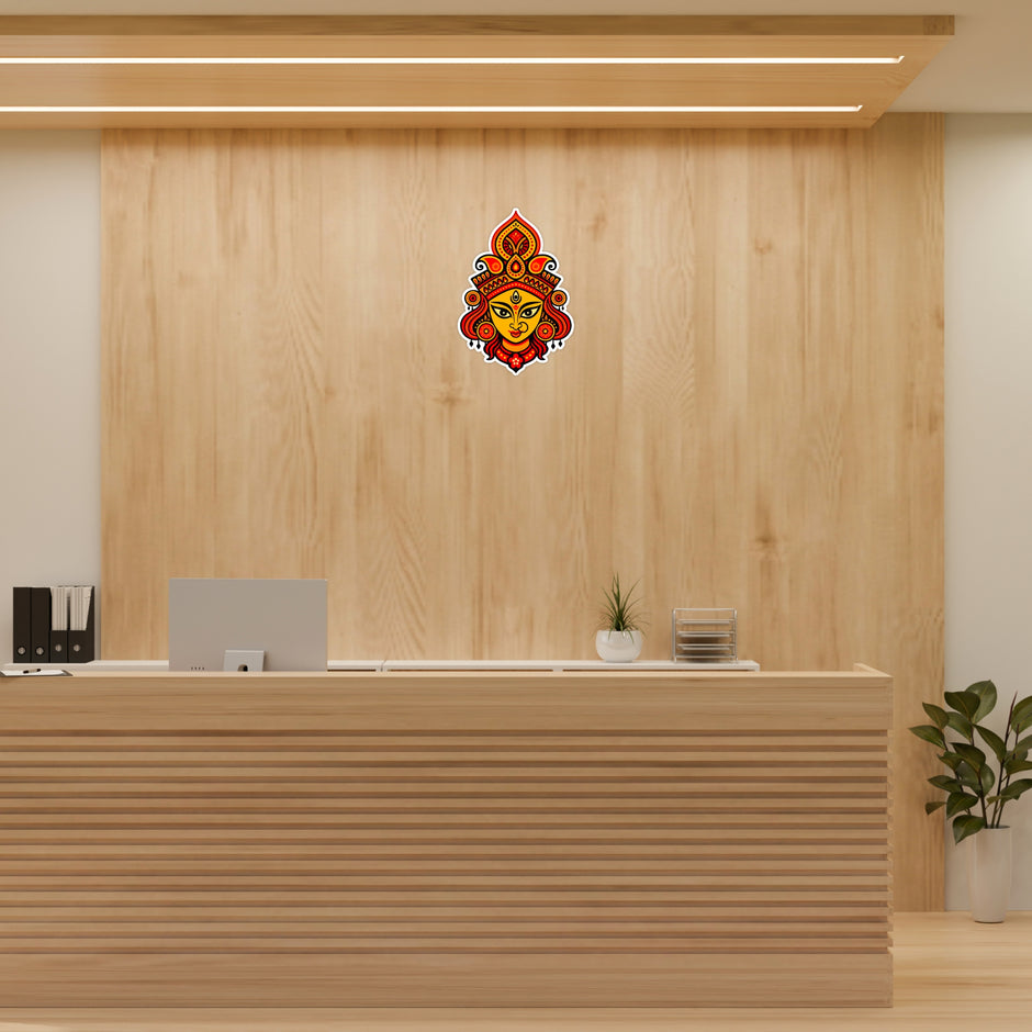Maa Durga Face Waterproof Matte Vinyl Sticker Applied on Reception Wall by STIXY