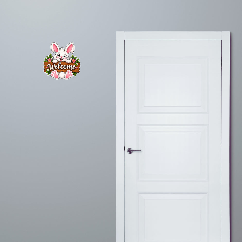 STIXY Cute Bunny Welcome Sticker Applied on Door Featuring White Rabbit Pink Paws Flowers and Wooden Welcome Sign for Home Entrance Decor