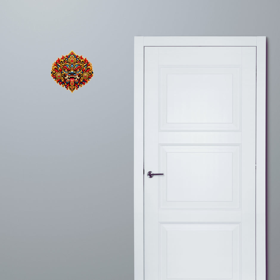 Kirtimukha Fierce Guardian Face Sticker Displayed on Interior Wall Beside Door for Traditional Home Decor by STIXY