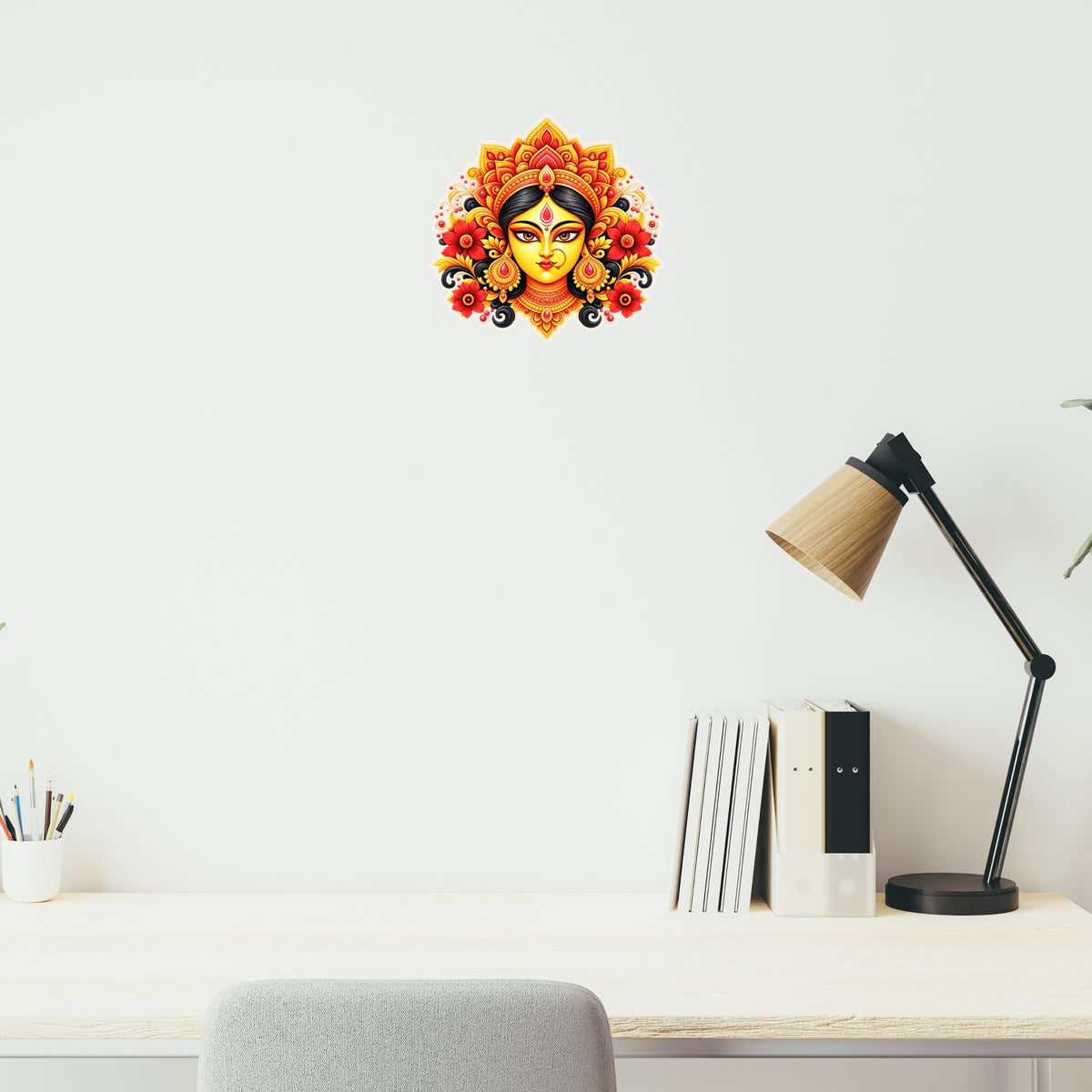 Maa Durga Divine Face Sticker Displayed on Home Wall for Traditional Indian Spiritual Decor by STIXY
