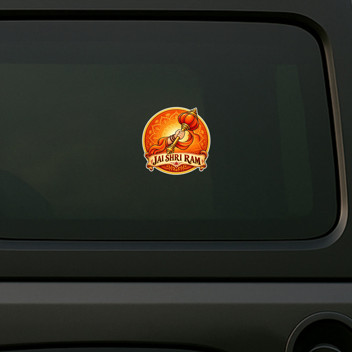 Jai Shri Ram Hanuman Gada Sticker Applied on Dark Vehicle Window Featuring Orange Devotional Hanuman Mace Emblem and Jai Shri Ram Text by STIXY