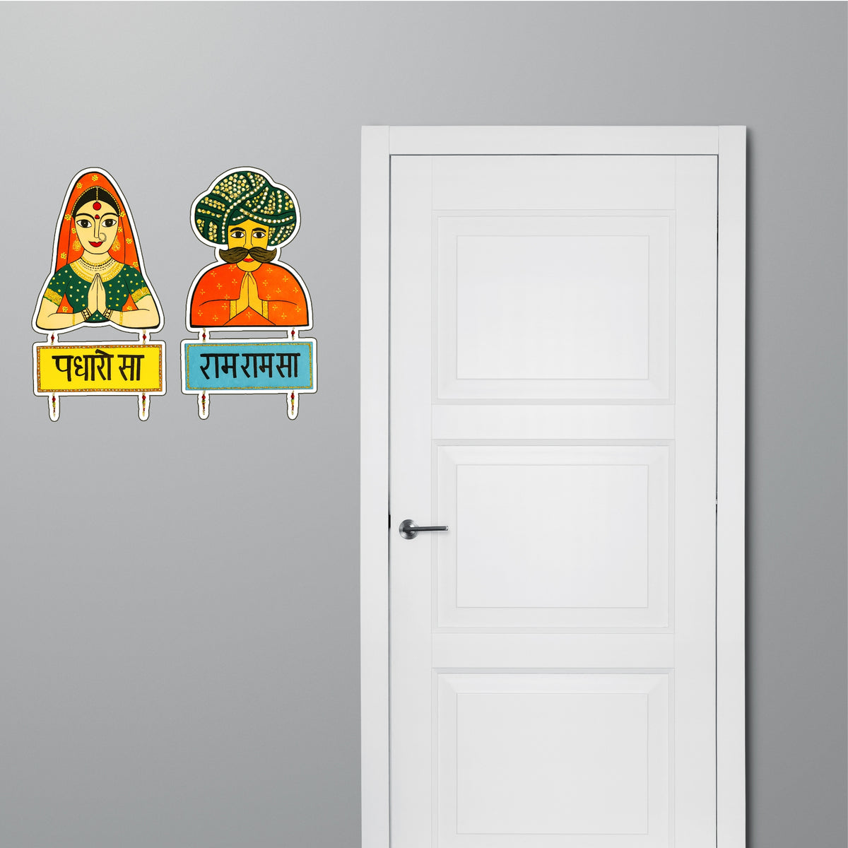 Rajasthani Padharo Sa Ram Ram Sa Welcome Stickers Applied on Main Door by STIXY