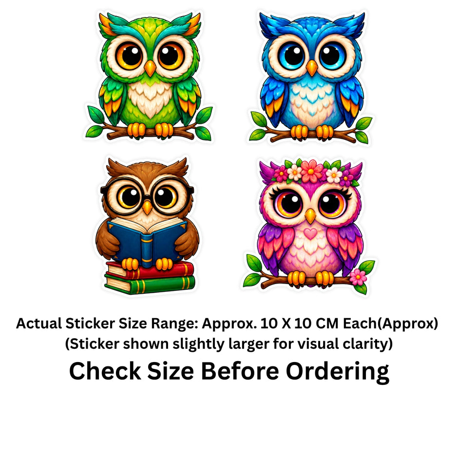 Cute Owl Sticker Set of 4 Size Guide Showing Approximate 10 × 10 cm Each by STIXY