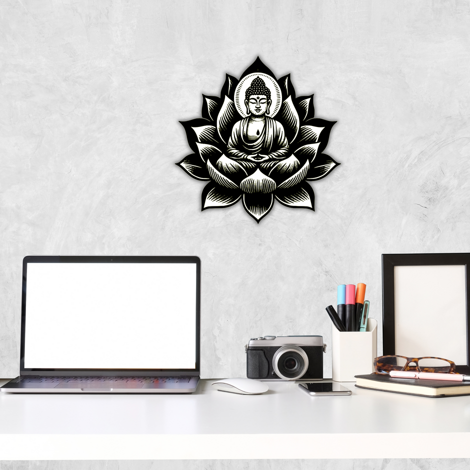 Buddha On Lotus Waterproof Sticker Black White Spiritual Calm Art premium vinyl sticker product image 3