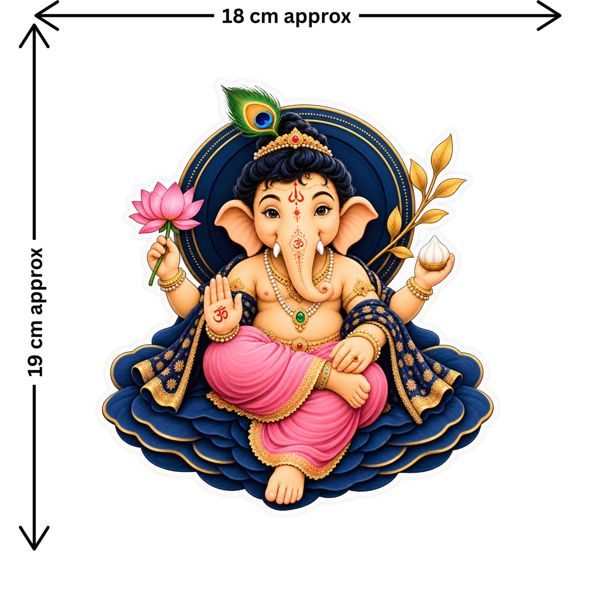 Lord Ganesha Lotus Spiritual Sticker Size Guide Showing Approximate Dimensions by STIXY