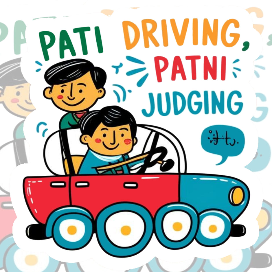 Pati Driving, Patni Judging – Funny Desi Couple Sticker premium product image 1