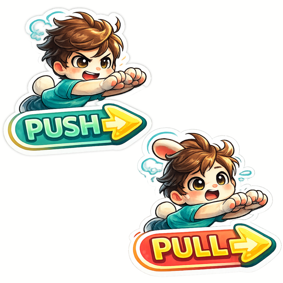 Push & Pull Door Stickers Set of 2 | Cute Cartoon Design | Waterproof Matte Vinyl | 15 × 15 cm Approx premium product image view 1