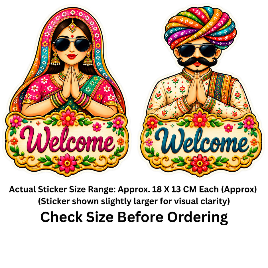 Rajasthani Couple Welcome Sticker Set of 2 Size Guide 18 × 13 cm Each Approx by STIXY