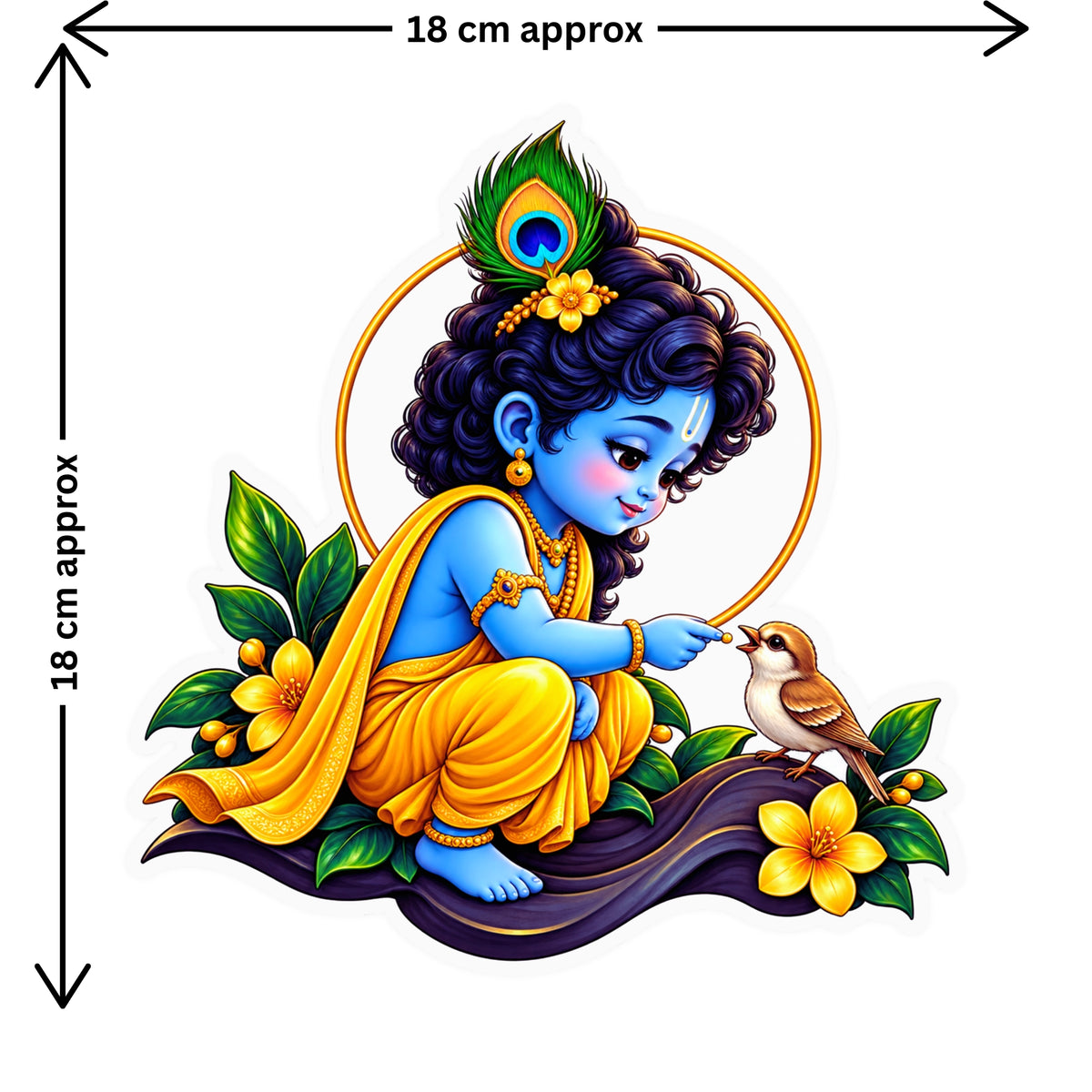Bal Krishna Feeding Bird Sticker Size Guide Showing Approximate 18 × 18 cm by STIXY