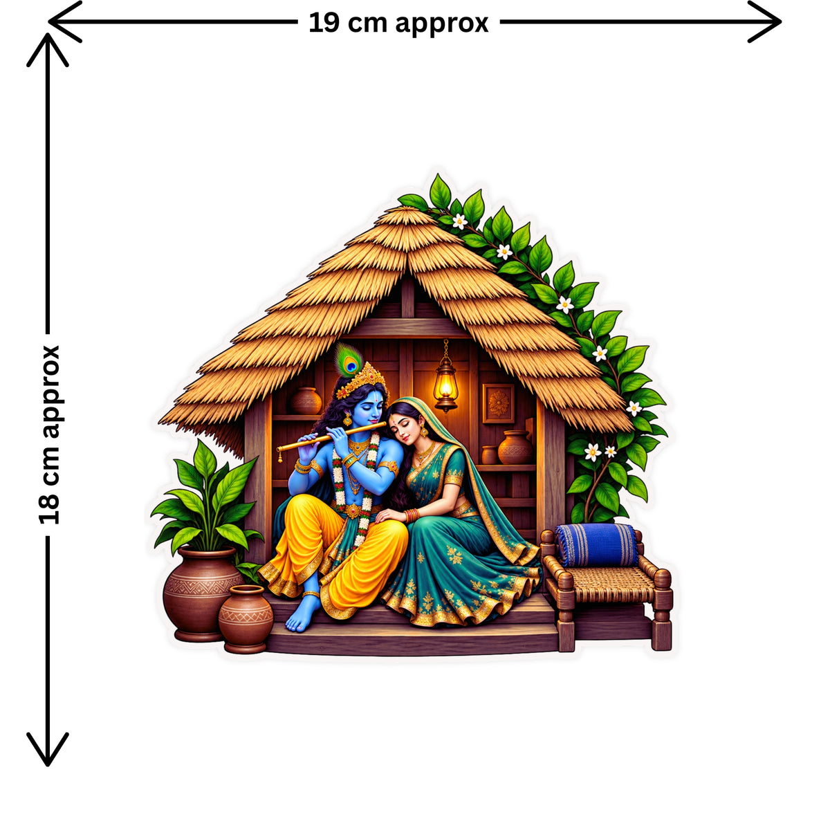 Radha Krishna Village Hut Sticker Size Guide Showing Approximate 20 × 18 cm by STIXY
